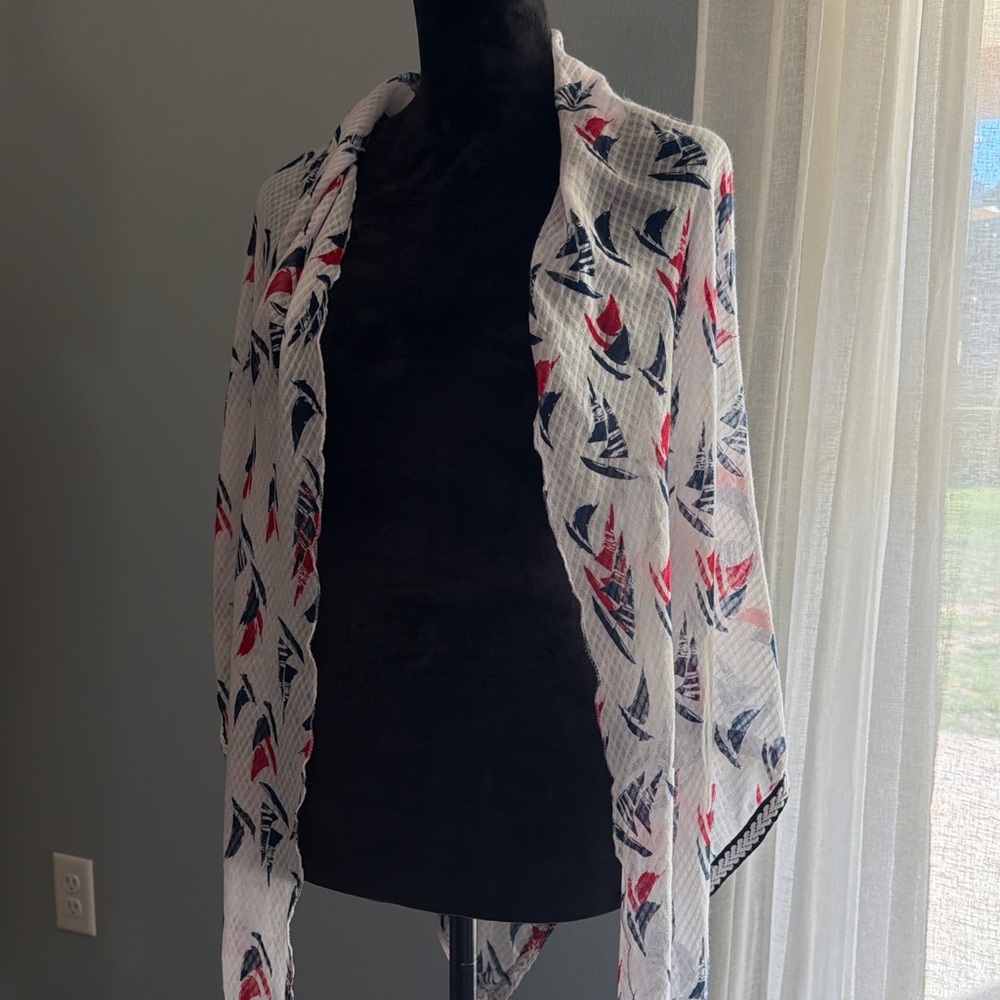 Steve Madden Swim cover up/shaw red white and blue sailboat embroidered tassels